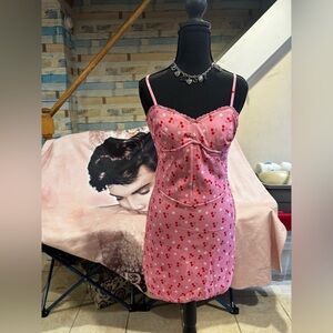 Tiger Mist Pink Cherry-Print Slip Dress with Lace Trim